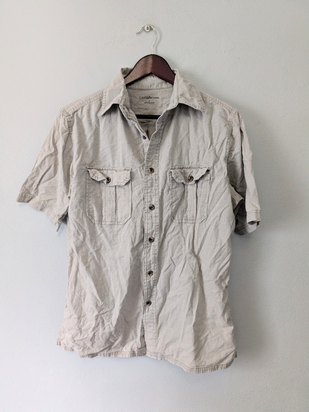 croft & barrow 100% Cotton Khaki Short Sleeve Button Down Shirt Size Small